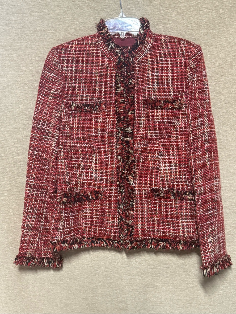 Rafaella Red Tweed Fringe Trim Blazer